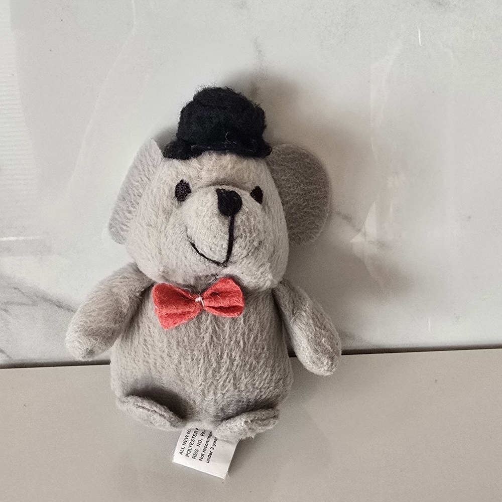 Gray Plush Mouse Toy with Red Bow Tie